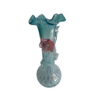 Handcrafted Blue Lace Glass Vase With Pink Rose Embellishment 7"